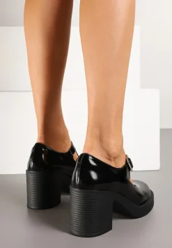Czarne Półbuty Lakierowane na Słupku z Ozdobnymi Paskami Naliefra