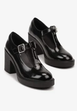 Czarne Półbuty Lakierowane na Słupku z Ozdobnymi Paskami Naliefra