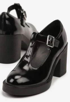Czarne Półbuty Lakierowane na Słupku z Ozdobnymi Paskami Naliefra