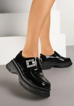 Czarne Półbuty Lakierowane na Platformie Ozdobione Cyrkoniami Mezisha