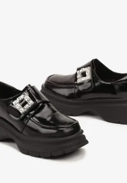 Czarne Półbuty Lakierowane na Platformie Ozdobione Cyrkoniami Mezisha
