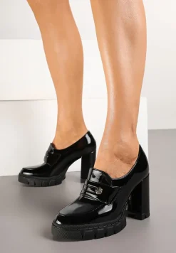 Czarne Półbuty Lakierowane na Platformie z Tłoczeniem i Słupku z Metaliczną Aplikacją Terevelle
