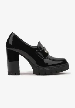 Czarne Półbuty Lakierowane na Platformie z Tłoczeniem i Słupku z Metaliczną Aplikacją Terevelle