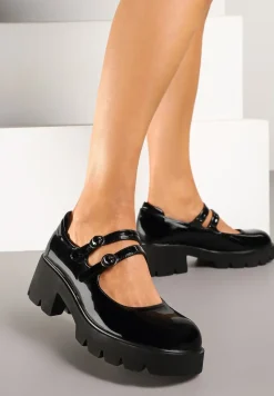 Czarne Półbuty Lakierowane na Słupku z Ozdobnymi Sprzączkami Ivathraea