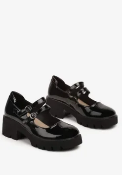 Czarne Półbuty Lakierowane na Słupku z Ozdobnymi Sprzączkami Ivathraea