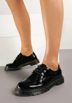 Czarne Półbuty Lakierowane ze Skóry Naturalnej z Kolorową Nitką Labrene