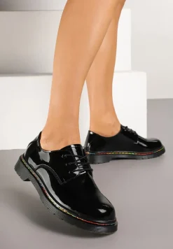 Czarne Półbuty Lakierowane ze Skóry Naturalnej z Kolorową Nitką Labrene