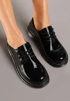 Czarne Półbuty Lakierowane ze Skóry Naturalnej z Kolorową Nitką Labrene