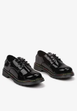 Czarne Półbuty Lakierowane ze Skóry Naturalnej z Kolorową Nitką Labrene