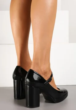 Czarne Półbuty Lakierowane na Słupku Mary Jane Ozdobione Sprzączką Kivana