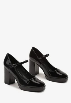Czarne Półbuty Lakierowane na Słupku Mary Jane Ozdobione Sprzączką Kivana