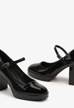 Czarne Półbuty Lakierowane na Słupku Mary Jane Ozdobione Sprzączką Kivana