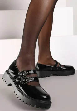 Czarne Półbuty Lakierowane na Platformie Wykończone Sprzączkami Odilena