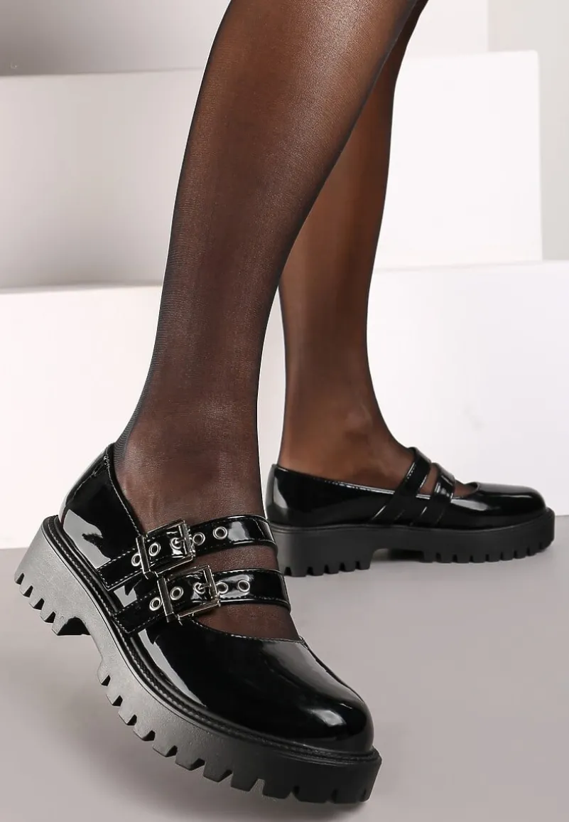 Czarne Półbuty Lakierowane na Platformie Wykończone Sprzączkami Odilena