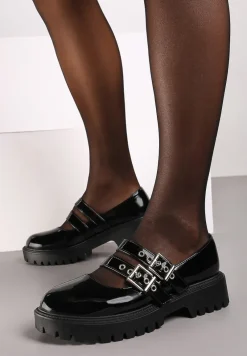 Czarne Półbuty Lakierowane na Platformie Wykończone Sprzączkami Odilena