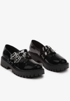 Czarne Półbuty Lakierowane na Platformie Wykończone Sprzączkami Odilena