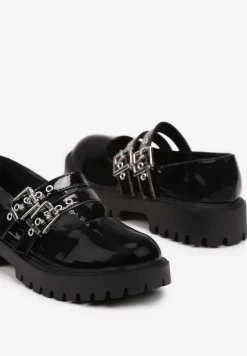 Czarne Półbuty Lakierowane na Platformie Wykończone Sprzączkami Odilena