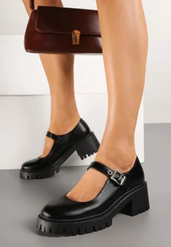Czarne Półbuty Mary Jane na Słupku i Tłoczonej Platformie Evanelle