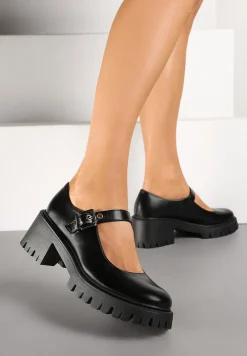 Czarne Półbuty Mary Jane na Słupku i Tłoczonej Platformie Evanelle