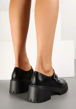 Czarne Półbuty Mary Jane na Słupku i Tłoczonej Platformie Evanelle