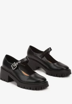 Czarne Półbuty Mary Jane na Słupku i Tłoczonej Platformie Evanelle