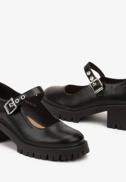 Czarne Półbuty Mary Jane na Słupku i Tłoczonej Platformie Evanelle