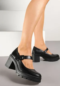 Czarne Półbuty Mary Jane na Platformie i Słupku Ozdobione Sprzączką Nevilira