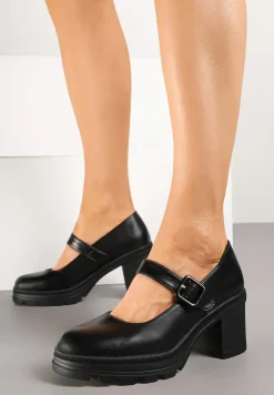 Czarne Półbuty Mary Jane na Platformie i Słupku Ozdobione Sprzączką Nevilira