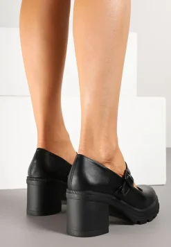 Czarne Półbuty Mary Jane na Platformie i Słupku Ozdobione Sprzączką Nevilira