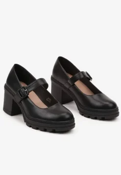 Czarne Półbuty Mary Jane na Platformie i Słupku Ozdobione Sprzączką Nevilira