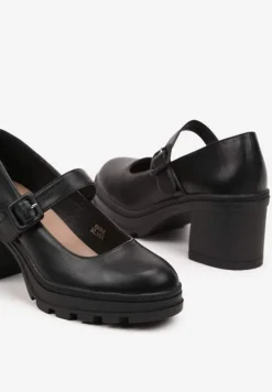 Czarne Półbuty Mary Jane na Platformie i Słupku Ozdobione Sprzączką Nevilira