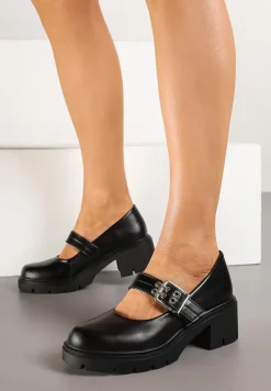 Czarne Półbuty Mary Jane na Słupku Ozdobione Paskiem ze Sprzączką Tinnelina