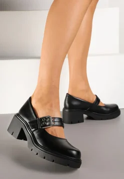 Czarne Półbuty Mary Jane na Słupku Ozdobione Paskiem ze Sprzączką Tinnelina