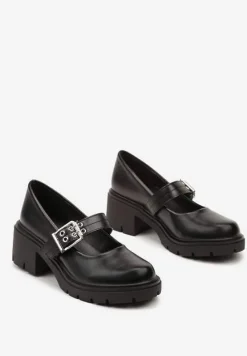 Czarne Półbuty Mary Jane na Słupku Ozdobione Paskiem ze Sprzączką Tinnelina