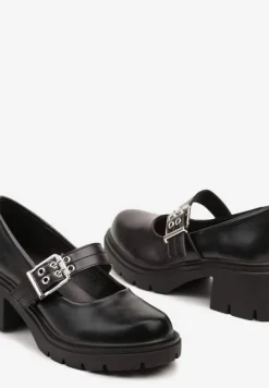 Czarne Półbuty Mary Jane na Słupku Ozdobione Paskiem ze Sprzączką Tinnelina