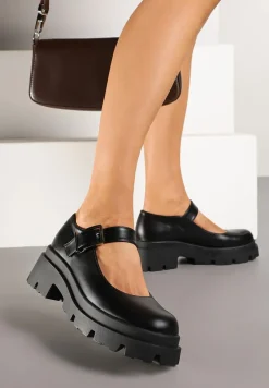 Czarne Półbuty Mary Jane na Platformie Wykończone Paskiem ze Sprzączką Navshia