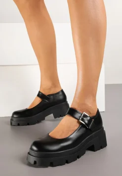 Czarne Półbuty Mary Jane na Platformie Wykończone Paskiem ze Sprzączką Navshia