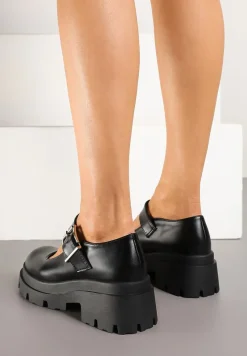 Czarne Półbuty Mary Jane na Platformie Wykończone Paskiem ze Sprzączką Navshia