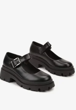 Czarne Półbuty Mary Jane na Platformie Wykończone Paskiem ze Sprzączką Navshia