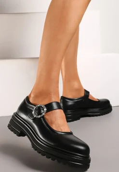 Czarne Półbuty Mary Jane na Grubej Podeszwie z Ozdobną Sprzączką Vezirea