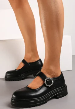 Czarne Półbuty Mary Jane na Grubej Podeszwie z Ozdobną Sprzączką Vezirea