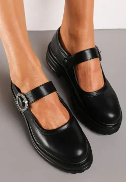 Czarne Półbuty Mary Jane na Grubej Podeszwie z Ozdobną Sprzączką Vezirea