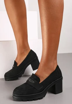 Czarne Półbuty Mokasyny na Słupku Stylizowanym na Drewniany Ozdobiony Paskiem Vericela