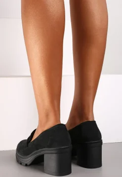 Czarne Półbuty Mokasyny na Słupku Stylizowanym na Drewniany Ozdobiony Paskiem Vericela