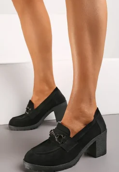 Czarne Półbuty Mokasyny na Słupku z Platformą Ozdobione Klamrą Acridna