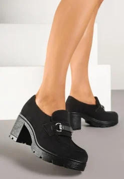 Czarne Półbuty Mokasyny na Słupkowym Obcasie z Elegancką Aplikacją Nuselwen