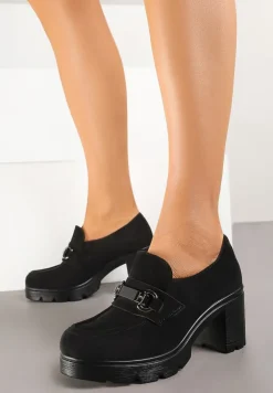 Czarne Półbuty Mokasyny na Słupkowym Obcasie z Elegancką Aplikacją Nuselwen