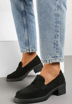 Czarne Półbuty Mokasyny na Słupku Ozdobione Paskiem Lorinnara