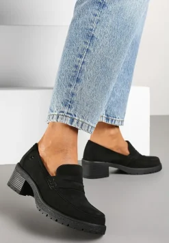 Czarne Półbuty Mokasyny na Słupku Ozdobione Paskiem Lorinnara