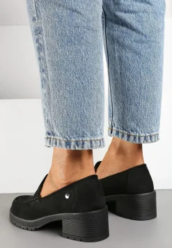 Czarne Półbuty Mokasyny na Słupku Ozdobione Paskiem Lorinnara